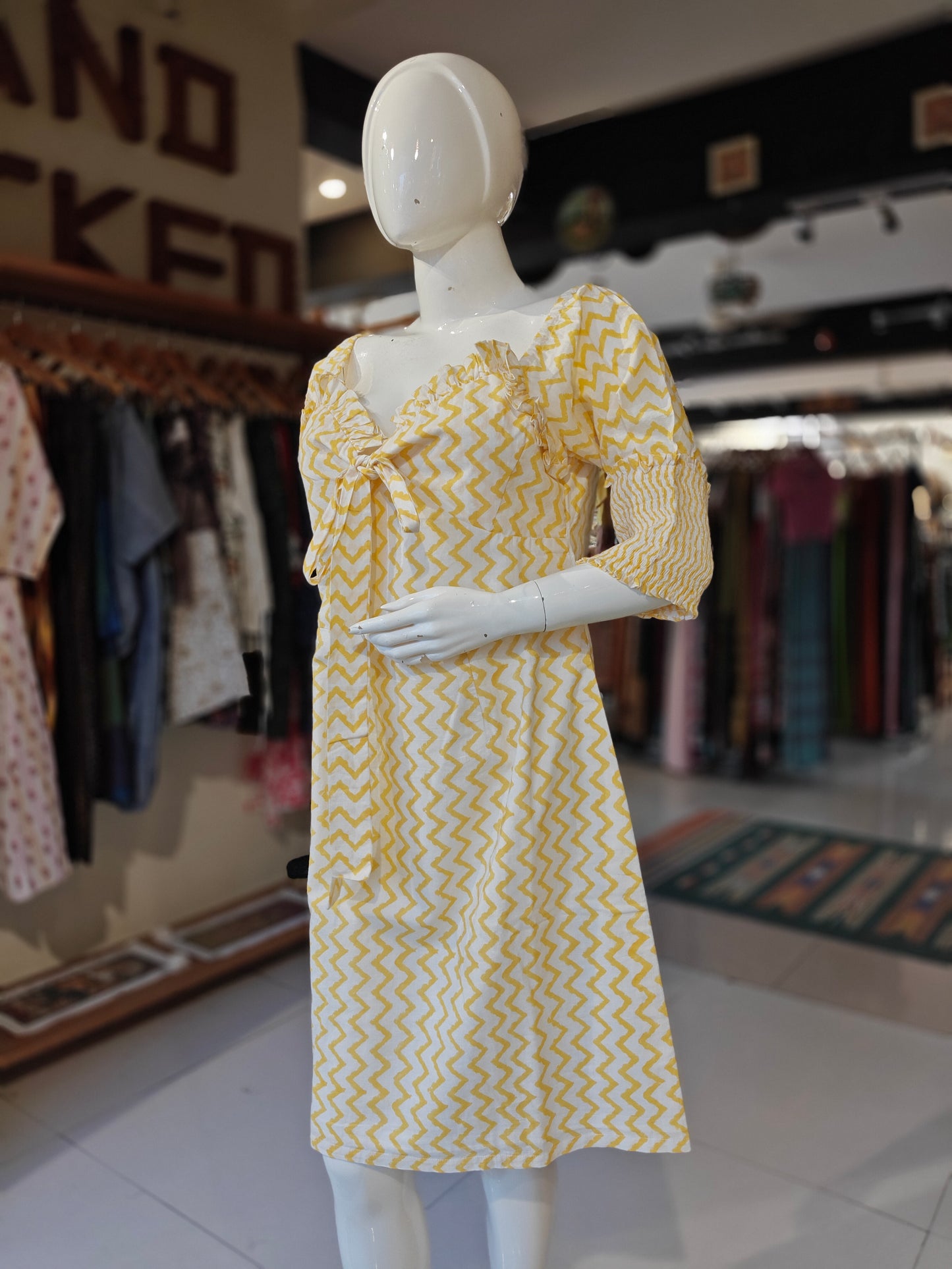 Yellow and white zig zag hand block printed cotton dress - off shoulder