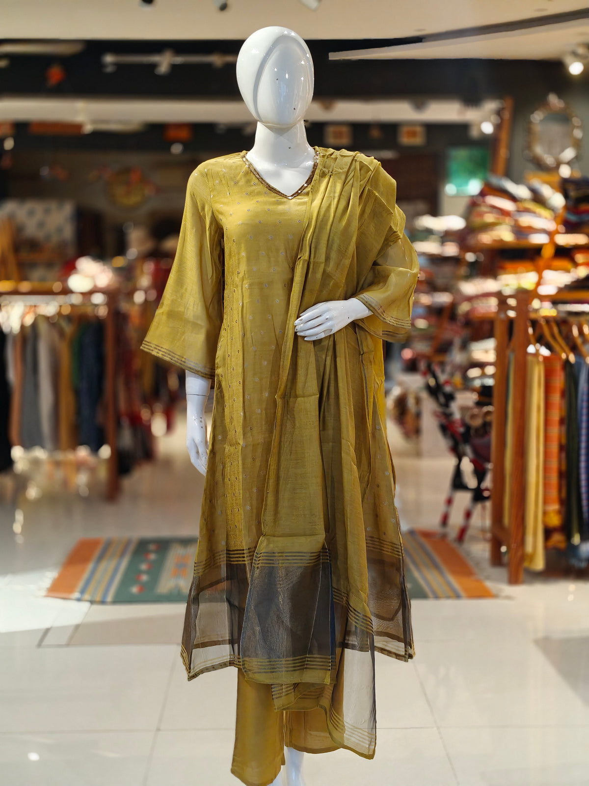 Mustard yellow mul chanderi silk 3 piece set: a-line kurti, pants n dupatta