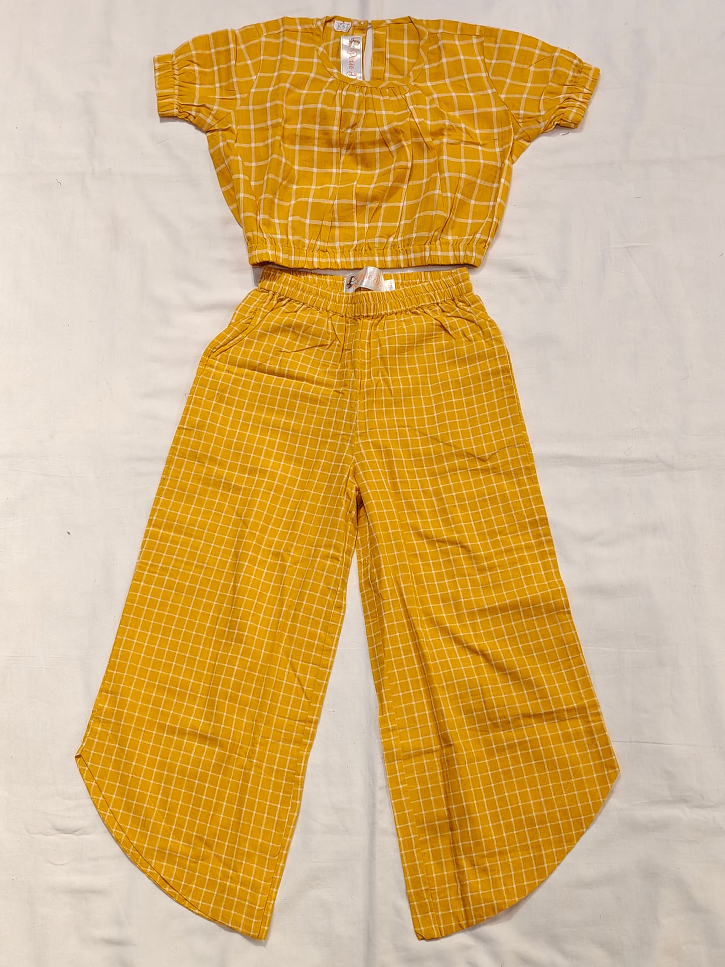 Mustard yellow checked top and wide-leg pant set
