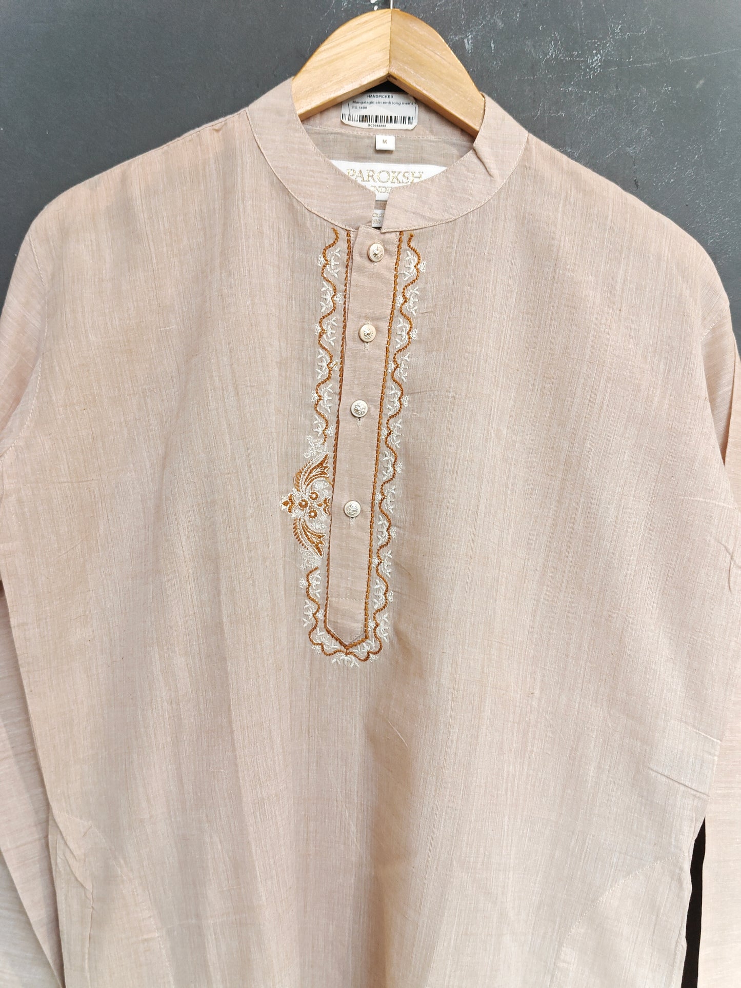 Cream Mangalagiri cotton embroidered long kurta for men