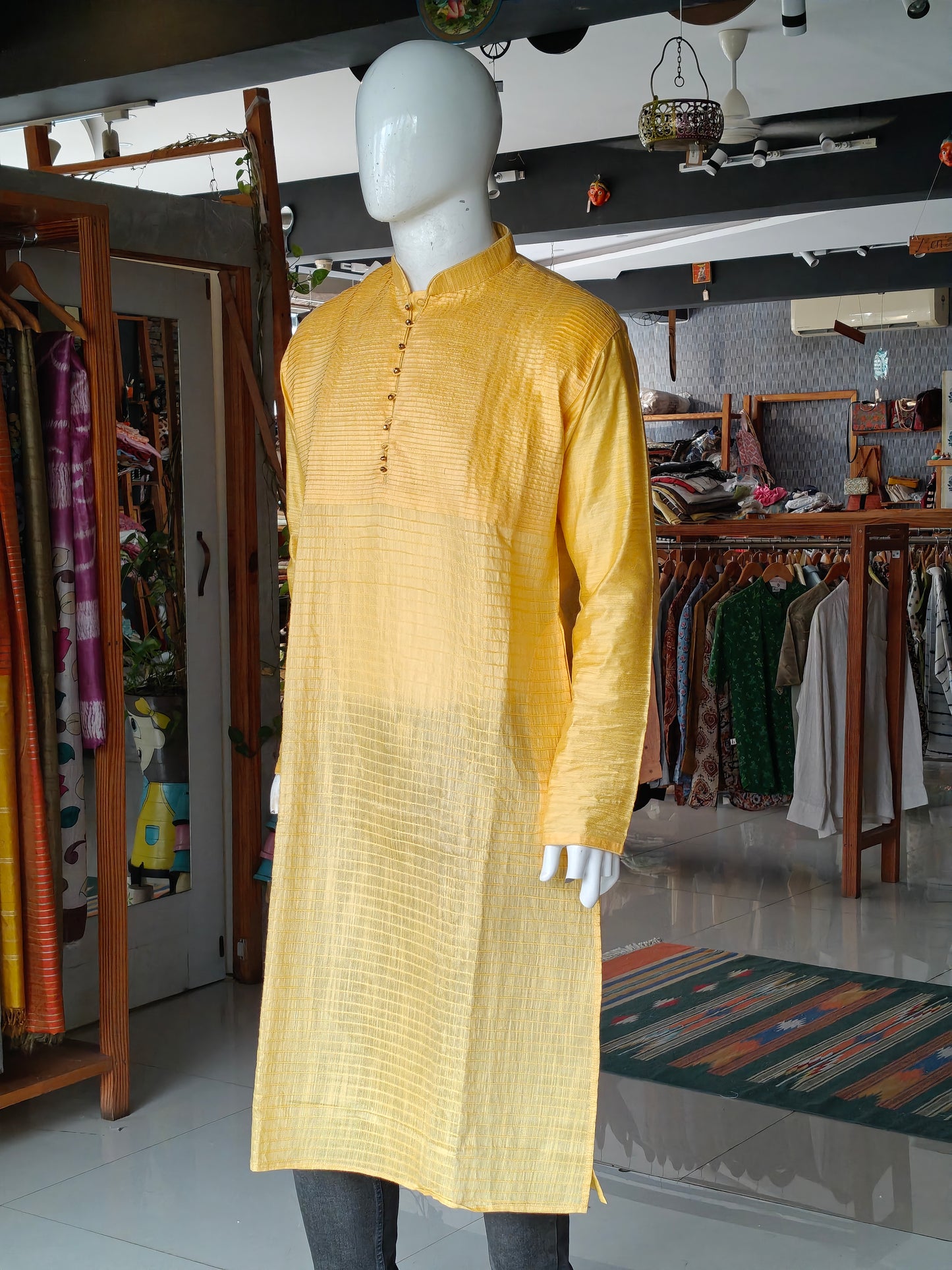 Yellow silk pintucks design full sleeves long kurta for men