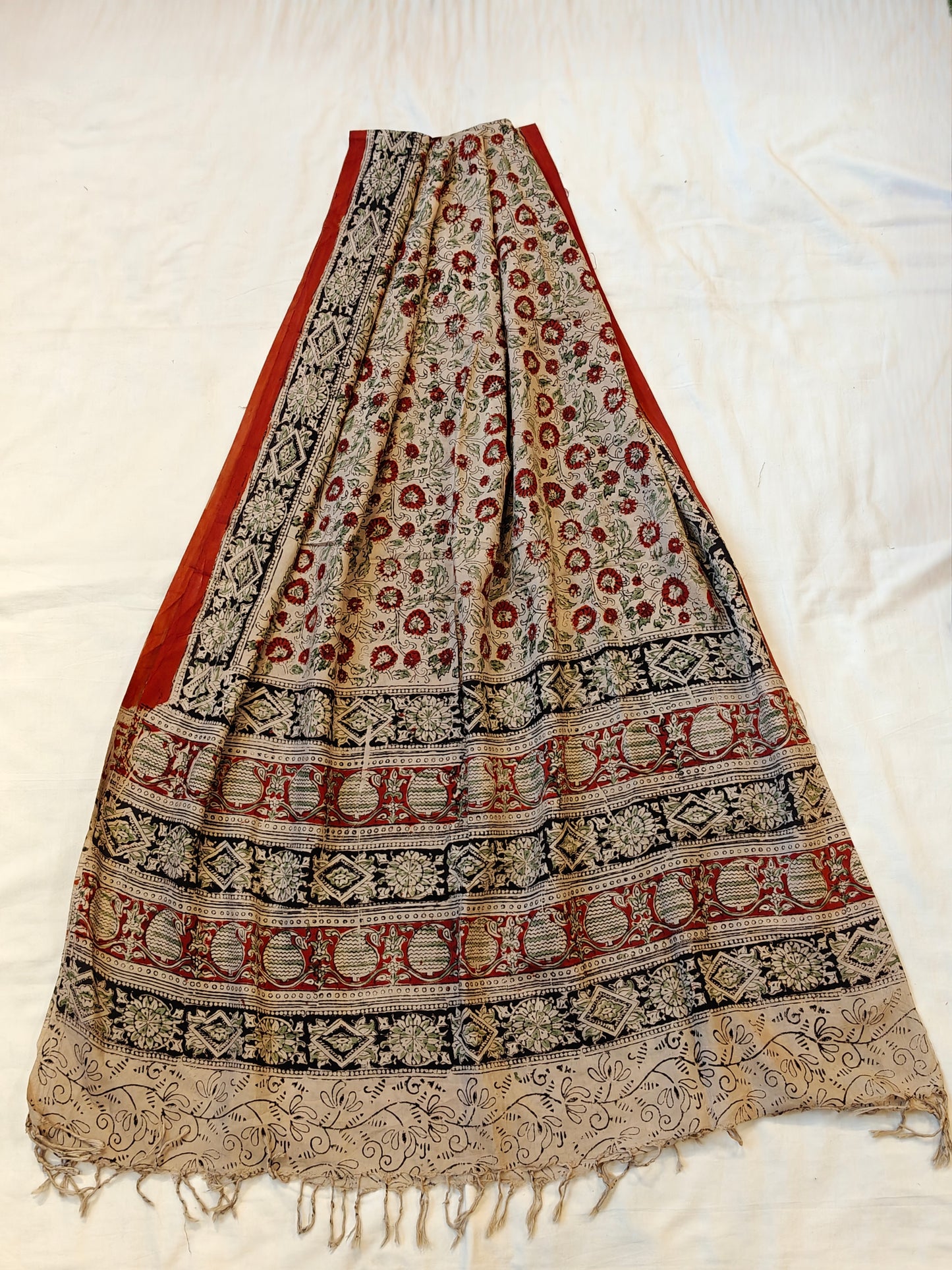 Beige with red floral design Kalamkari hand block printed art silk dupatta