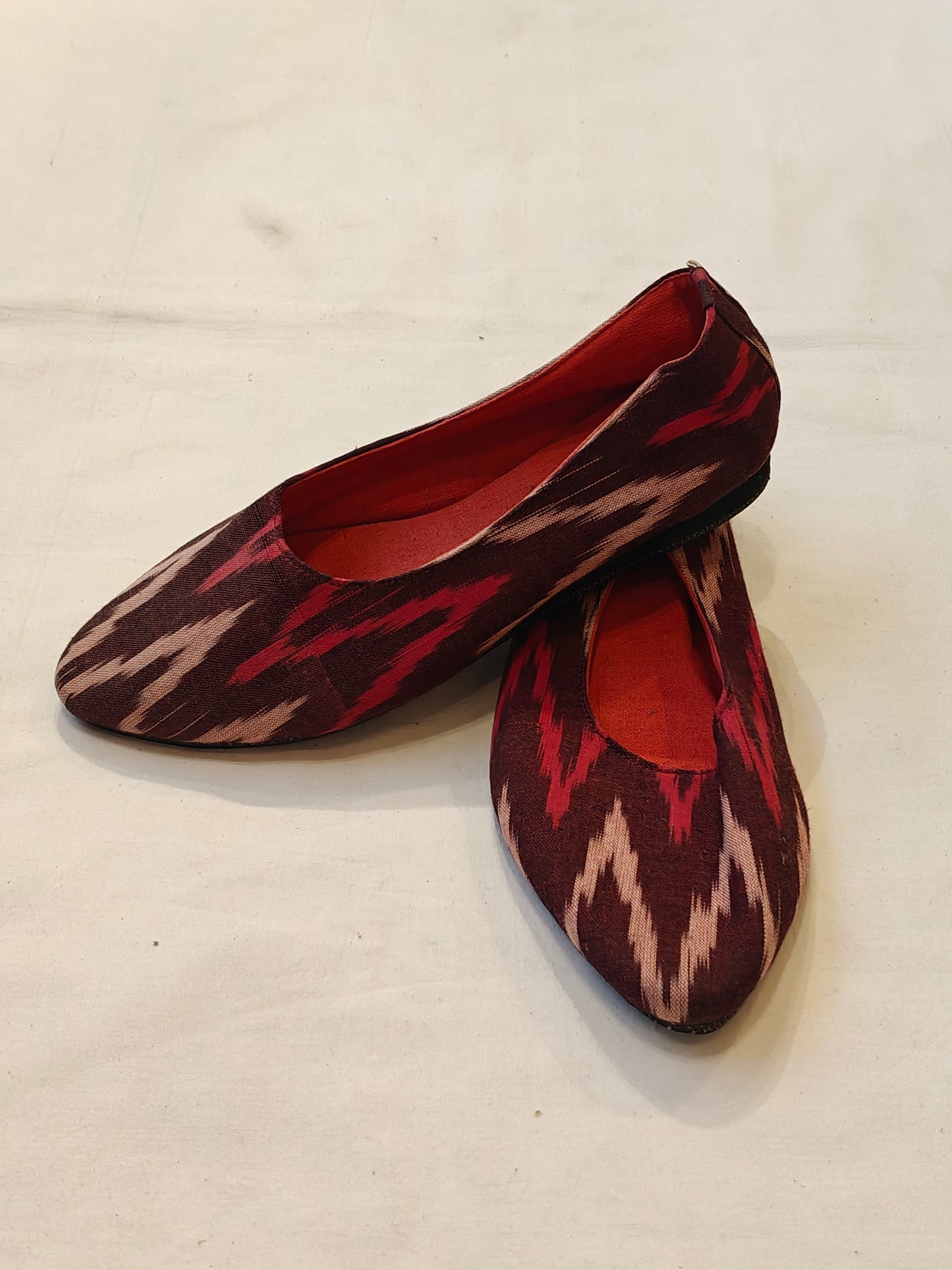 Ikat red women's slip on light weight shoe with upcycled tyre base