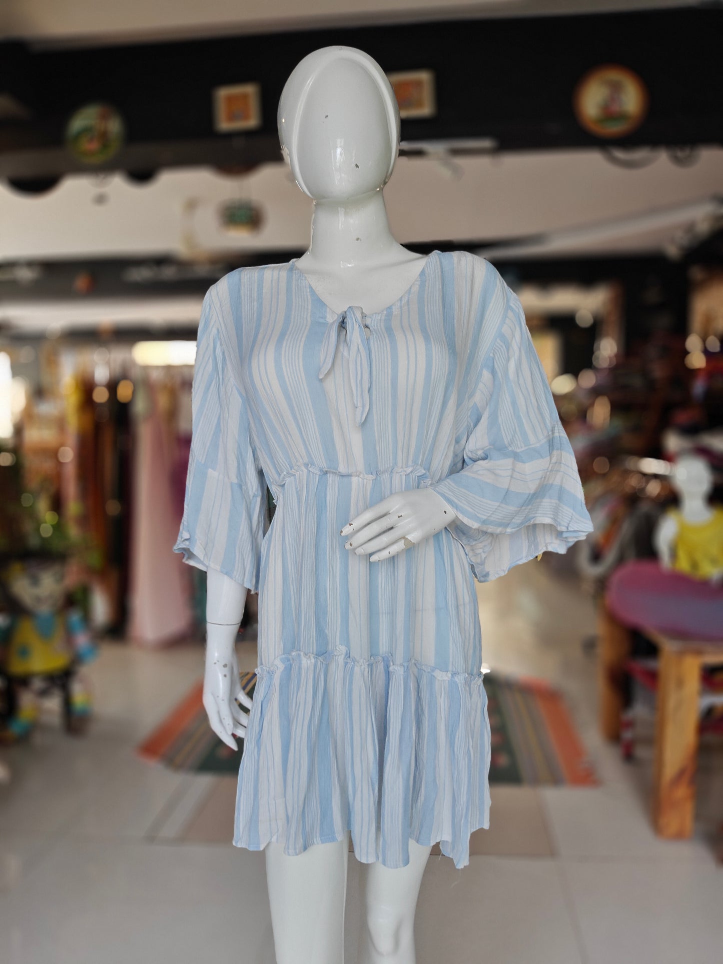 White and blue striped knee length crushed cotton tiered dress