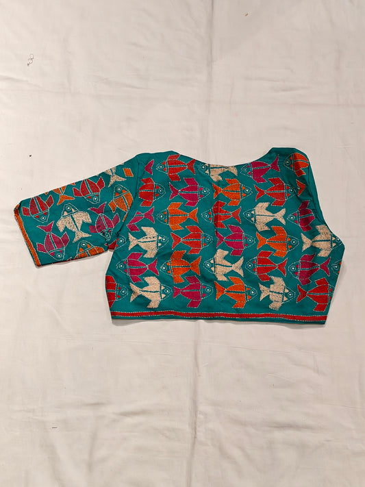 Green with colourful fishes hand embroidered elbow sleeved blouse