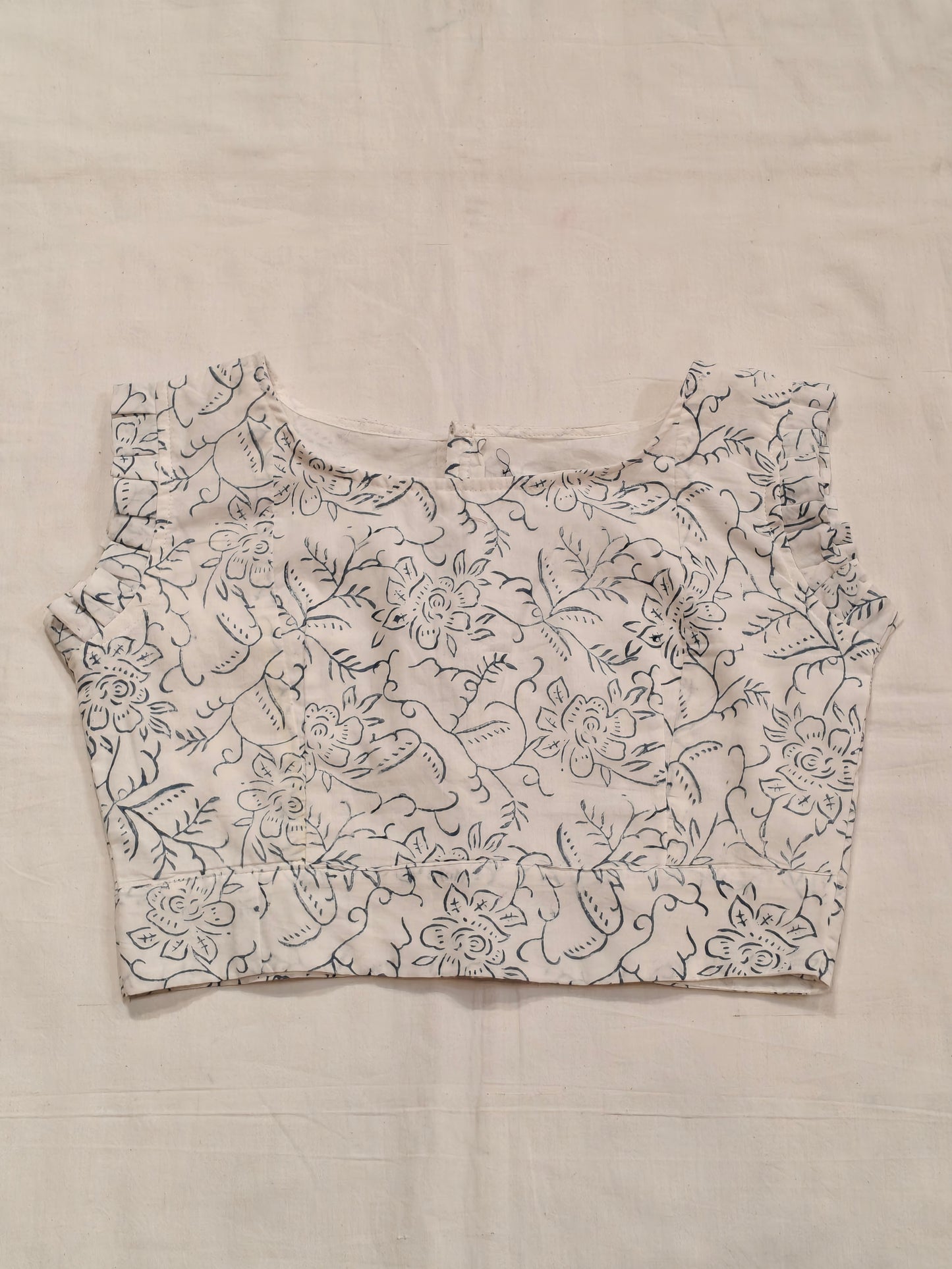 Floral hand block printed on white frilly sleeves cotton blouse