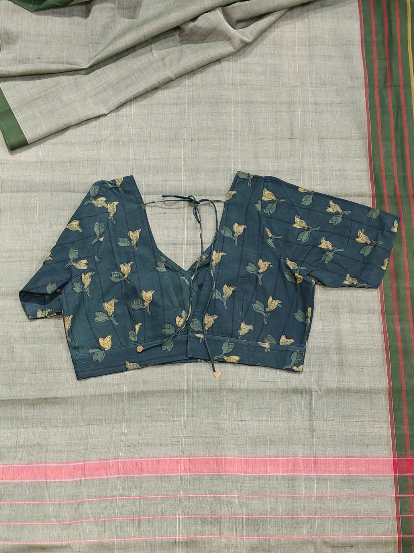 Hand spun , hand woven cotton V-neck blouse with back dori - colour options available
