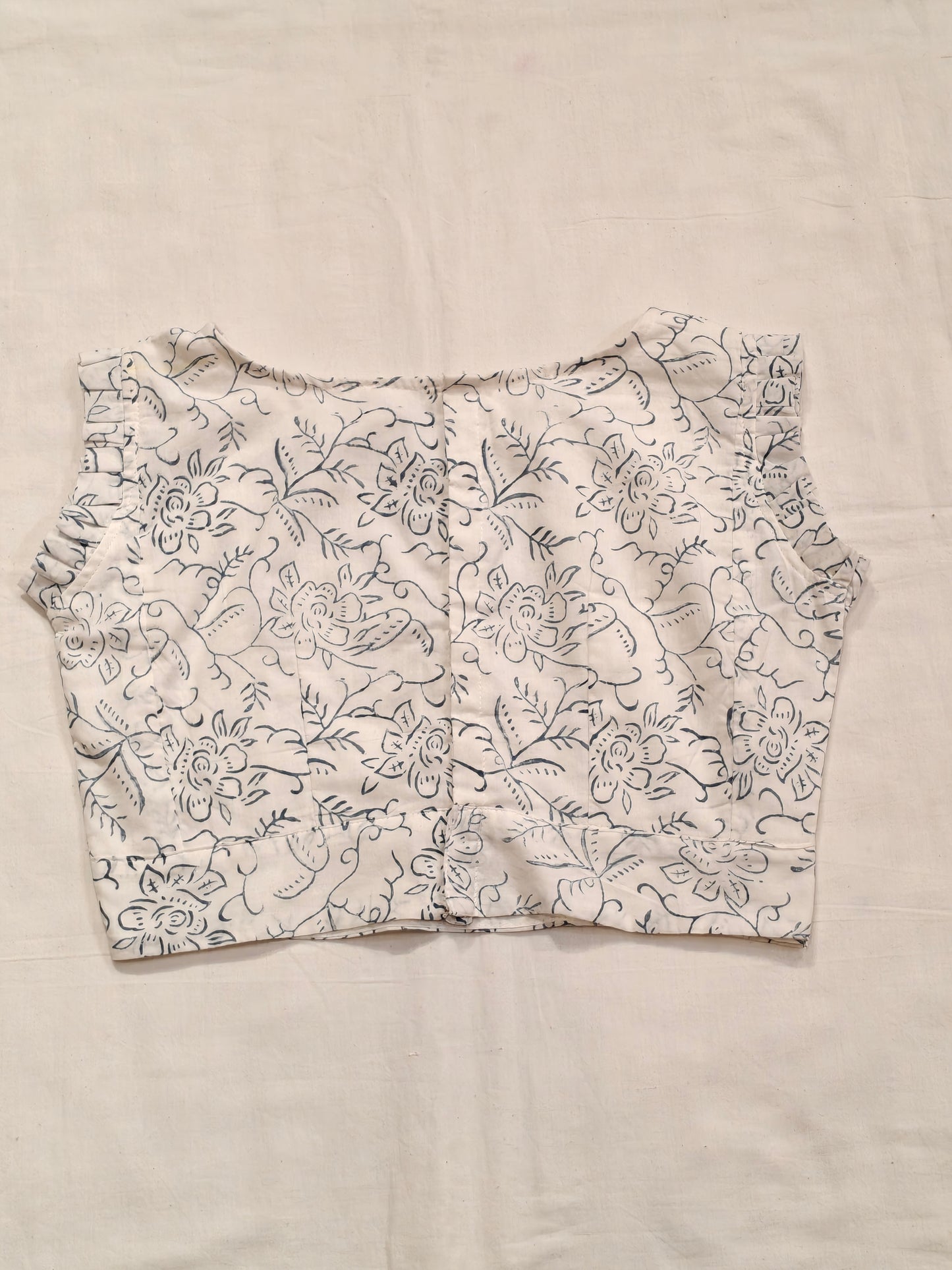 Floral hand block printed on white frilly sleeves cotton blouse