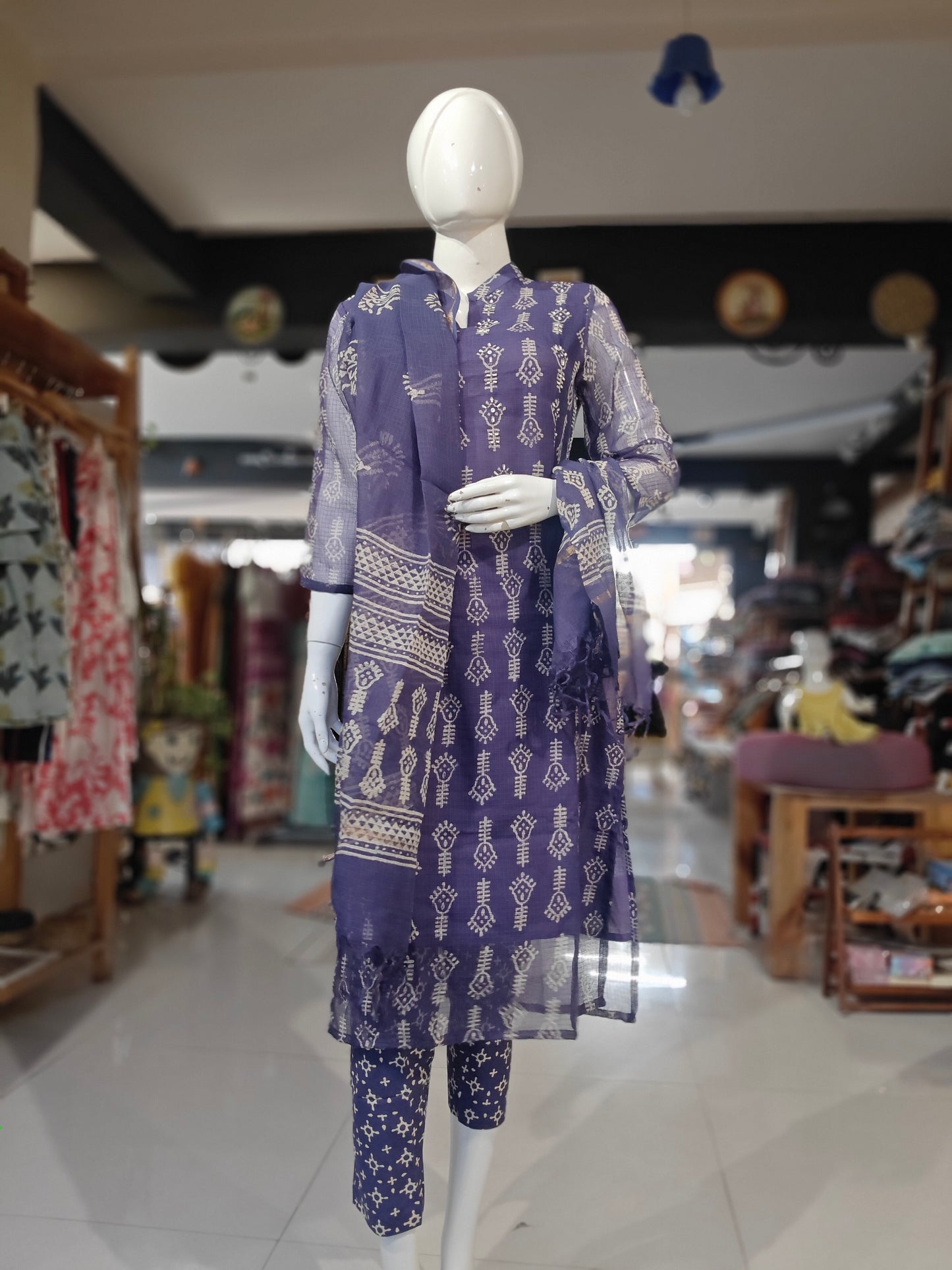 Violet hand block printed cotton 3 piece suit set with kota cotton dupatta