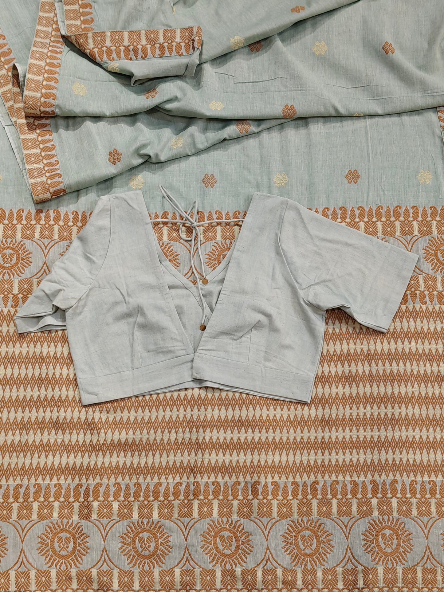Hand spun , hand woven cotton V-neck blouse with back dori - colour options available
