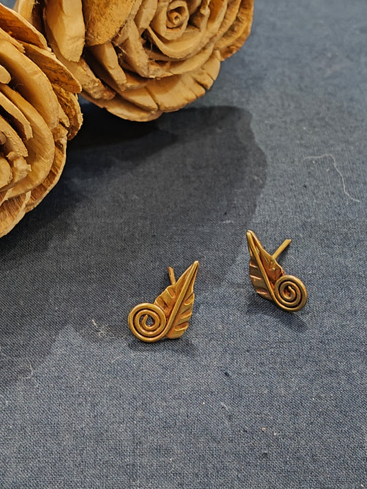 Tiny leaf shaped handcrafted copper brass stud earrings