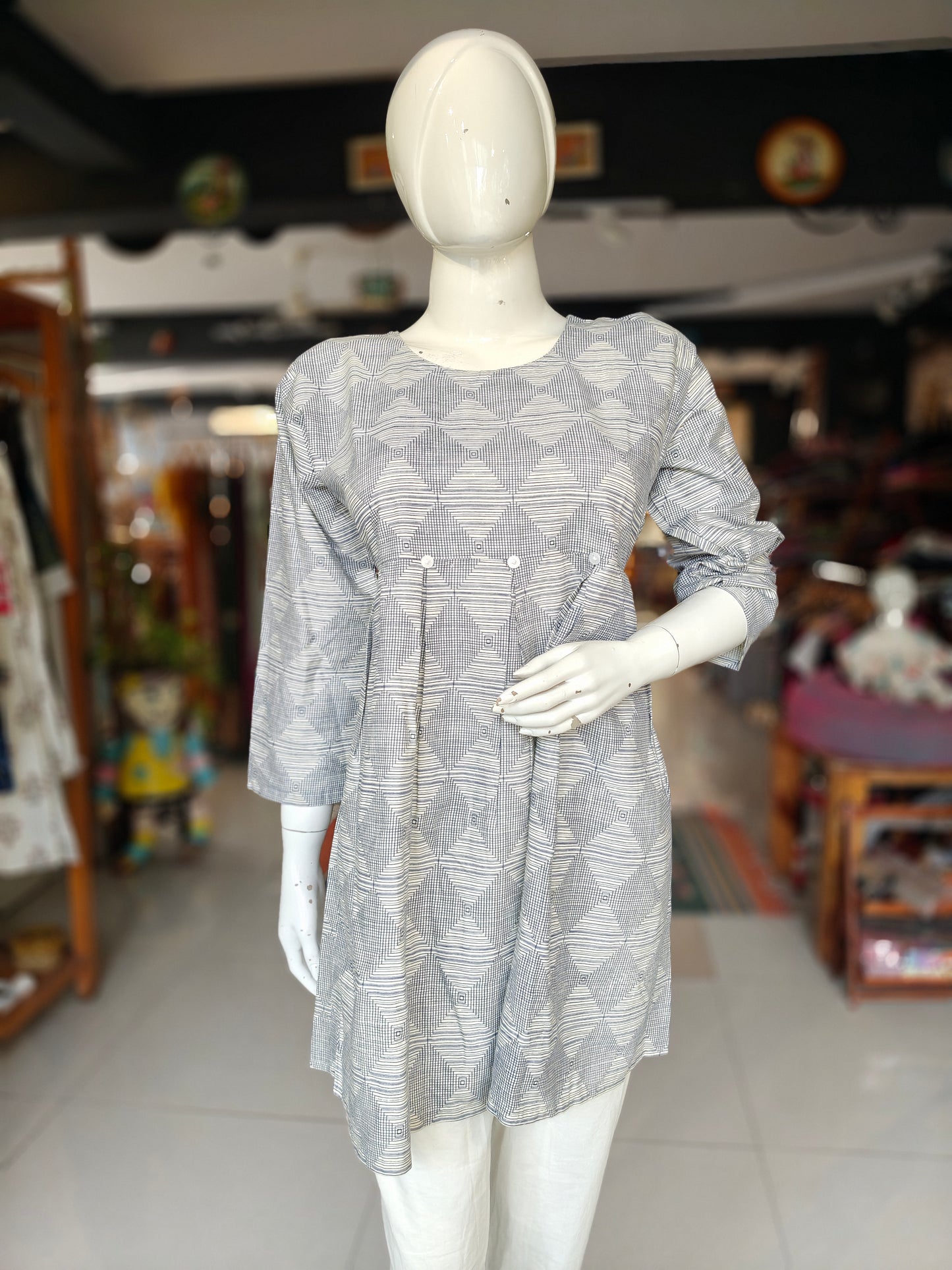Blue and white diamonds and stripes cotton tunic top