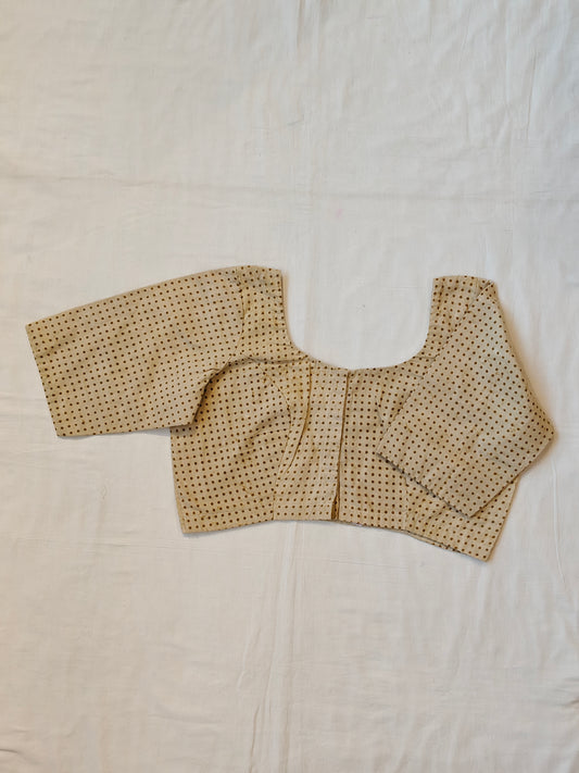Polka dots on cream base hand block printed cotton elbow sleeves blouse