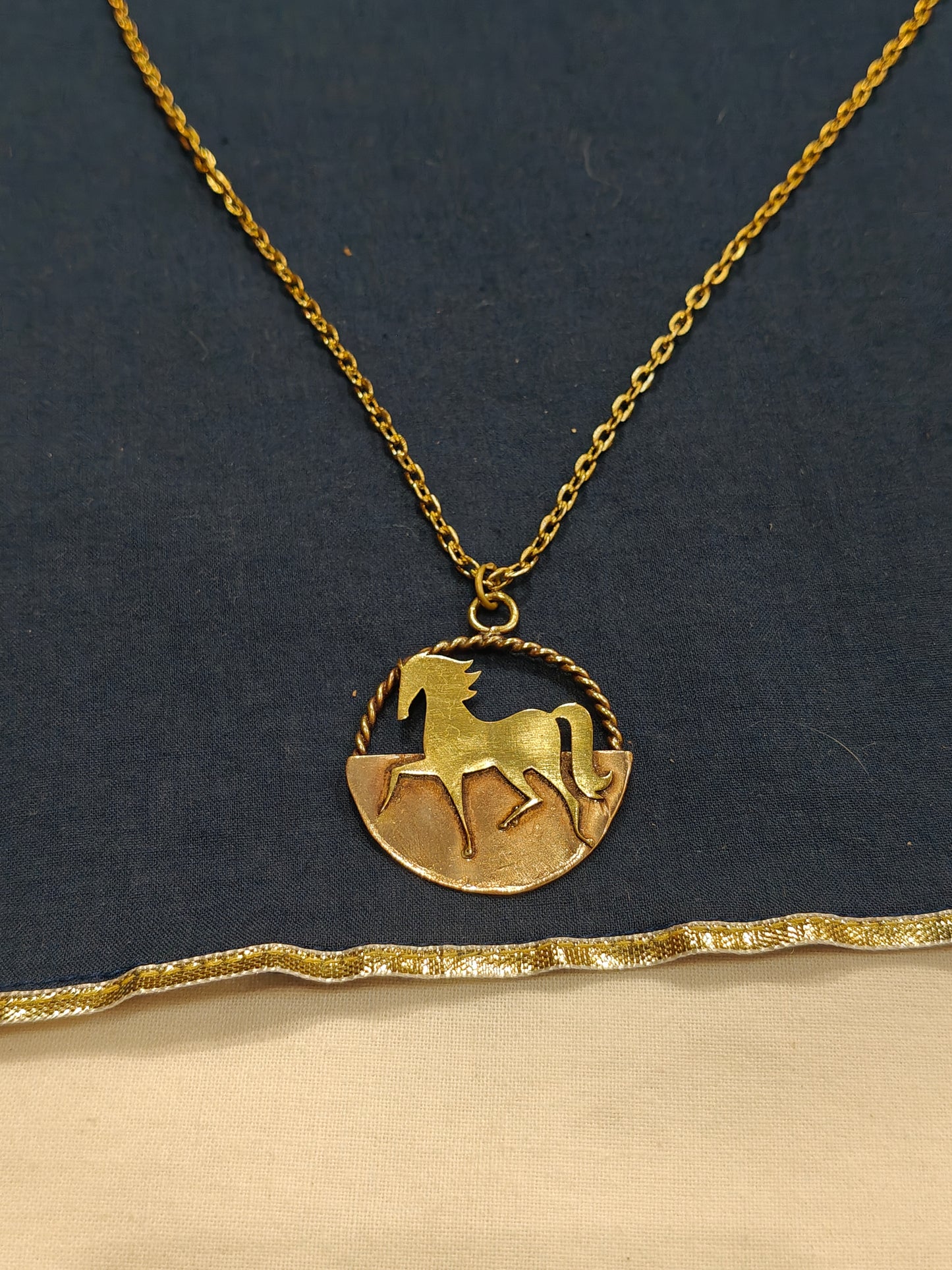 Prancing horse in a circle chain necklace - handcrafted in copper and brass