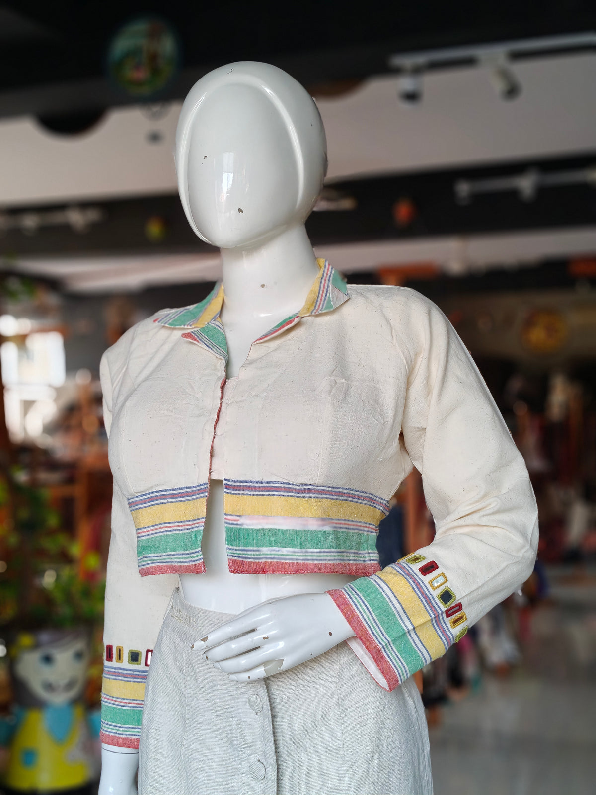 Off white with colorful band borders Kala cotton handwoven mirror work full sleeves blouse