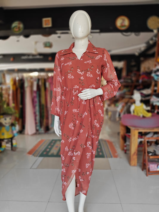 Brown with floral prints collared, drape style georgette dhoti dress