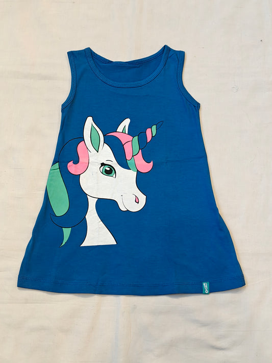 Blue A-line knit cotton dress with white unicorn print