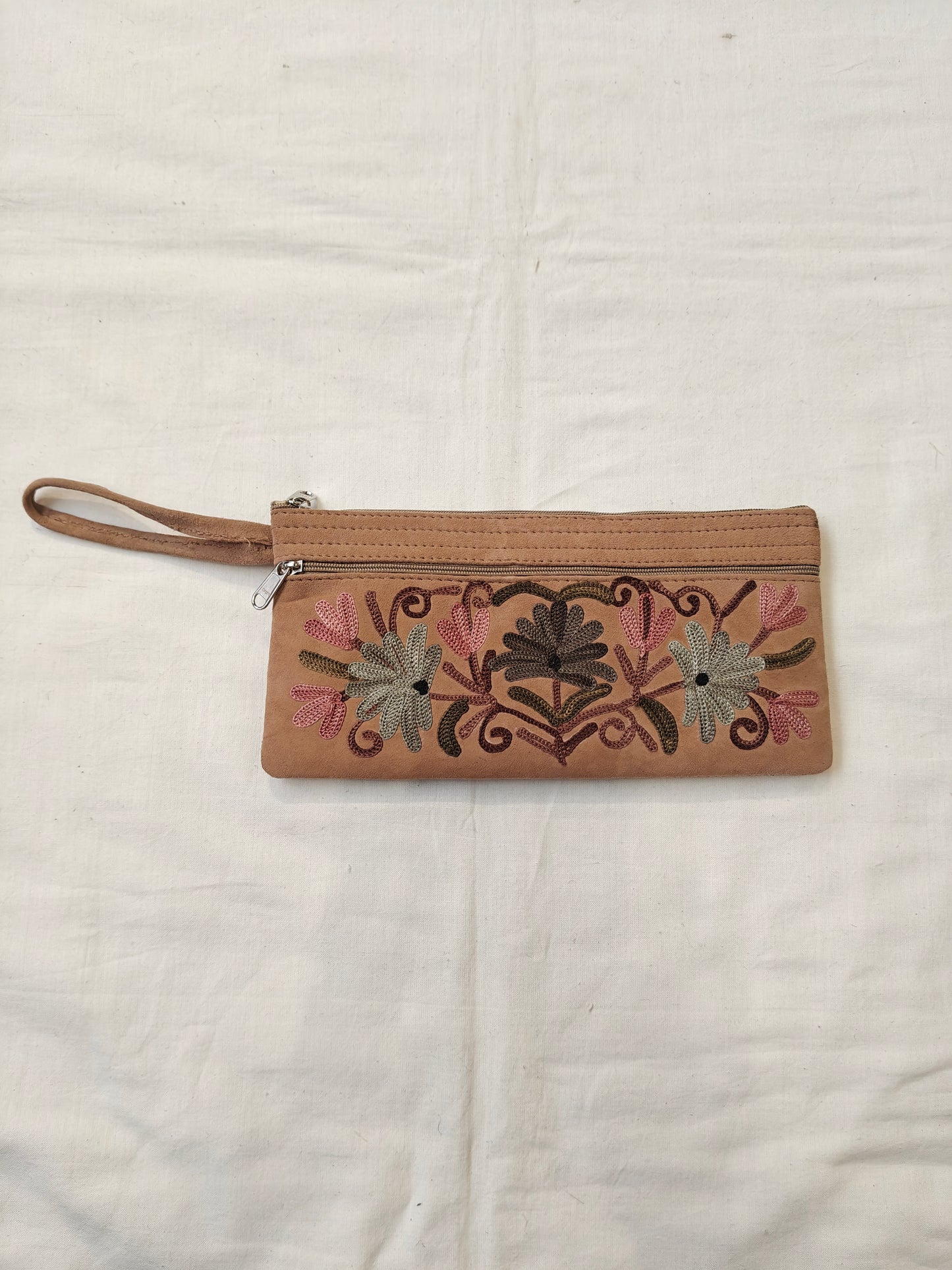 Wristlet pouch featuring Kashmiri floral Aari embroidery - 3 zippers