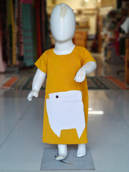 Mustard yellow corduroy dress with fish patch for girls