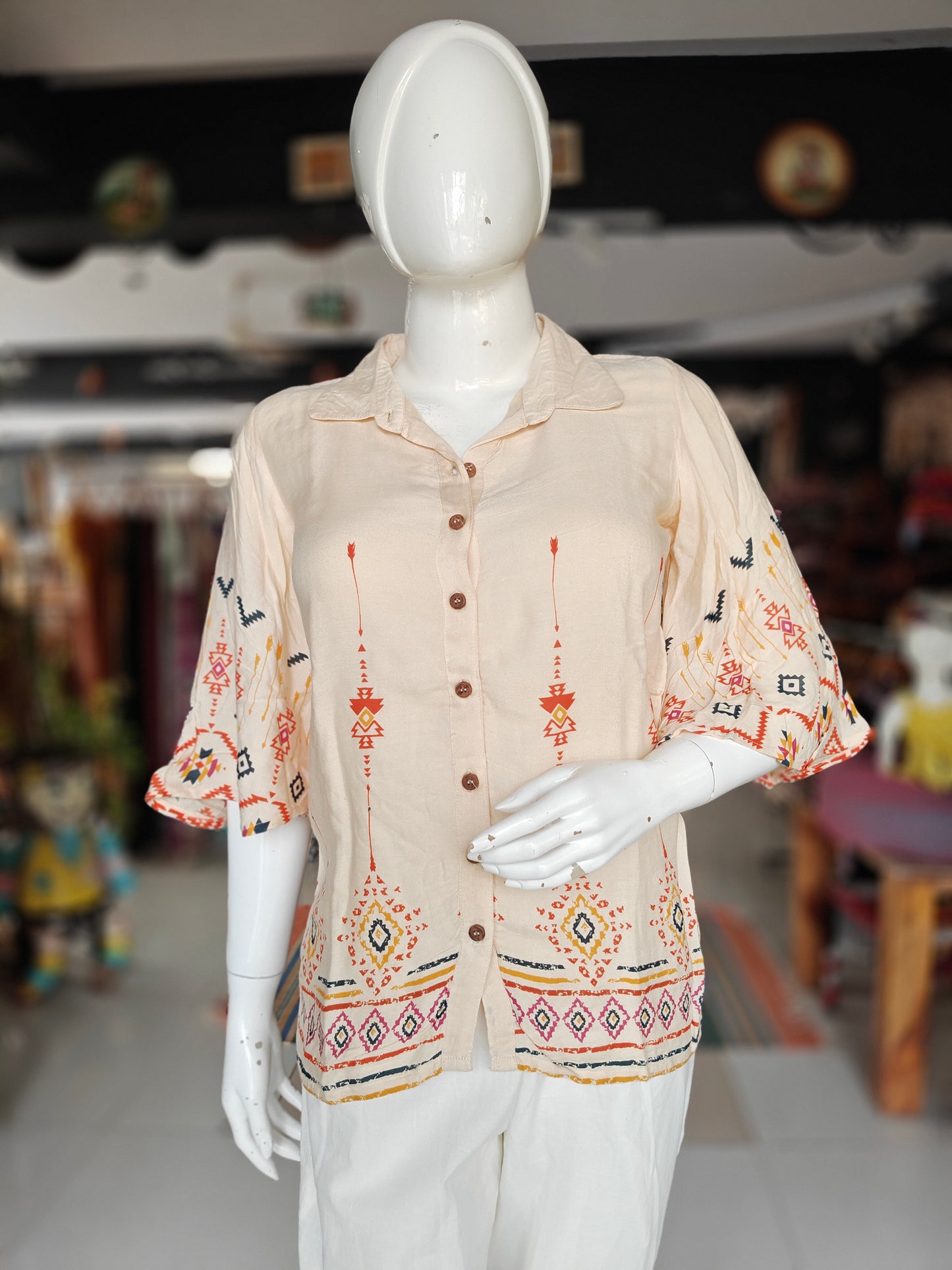 Beige with colorful geometric printed flared sleeves rayon shirt