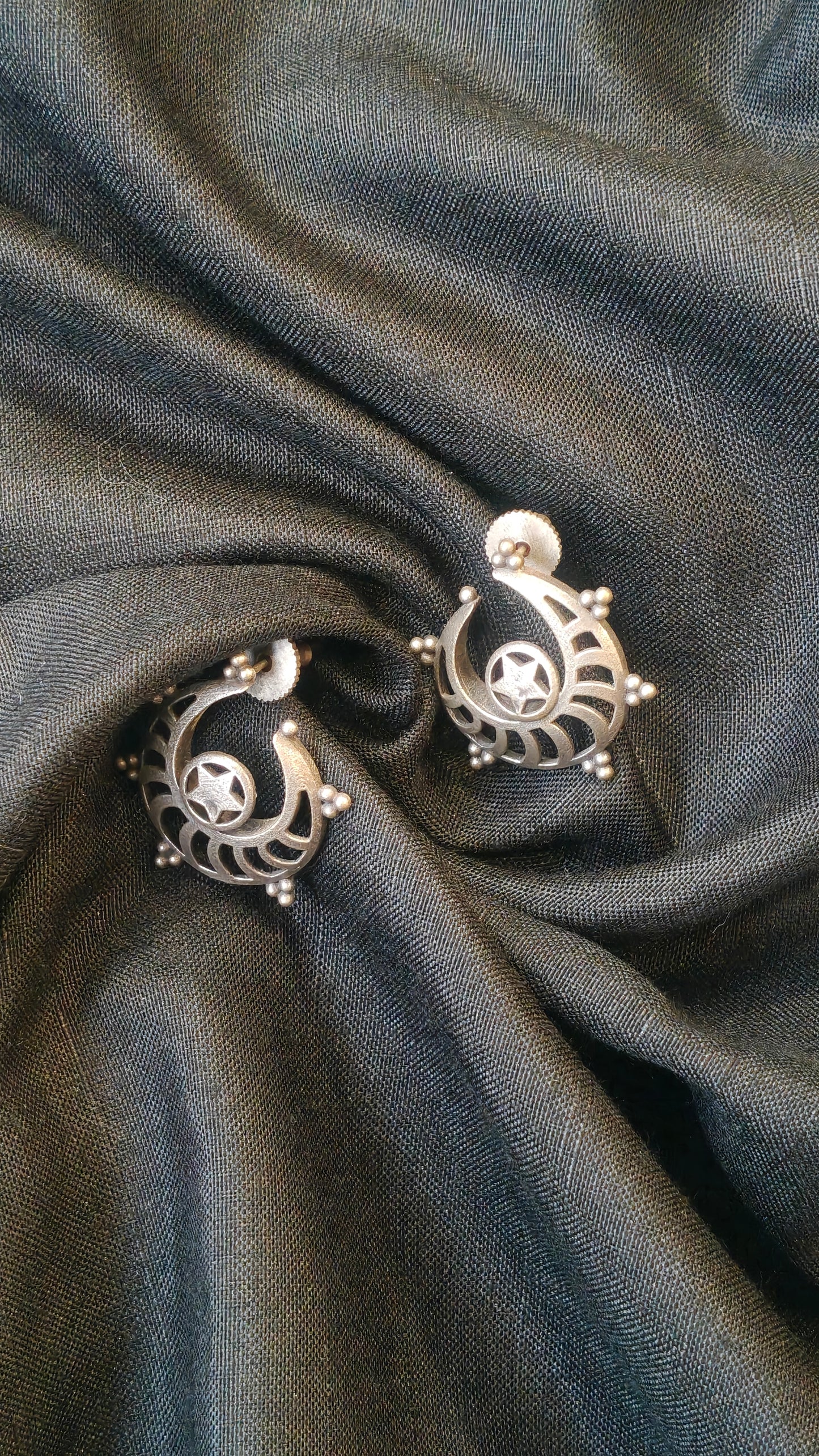 Crescent moon and star handcrafted oxidised stud earrings