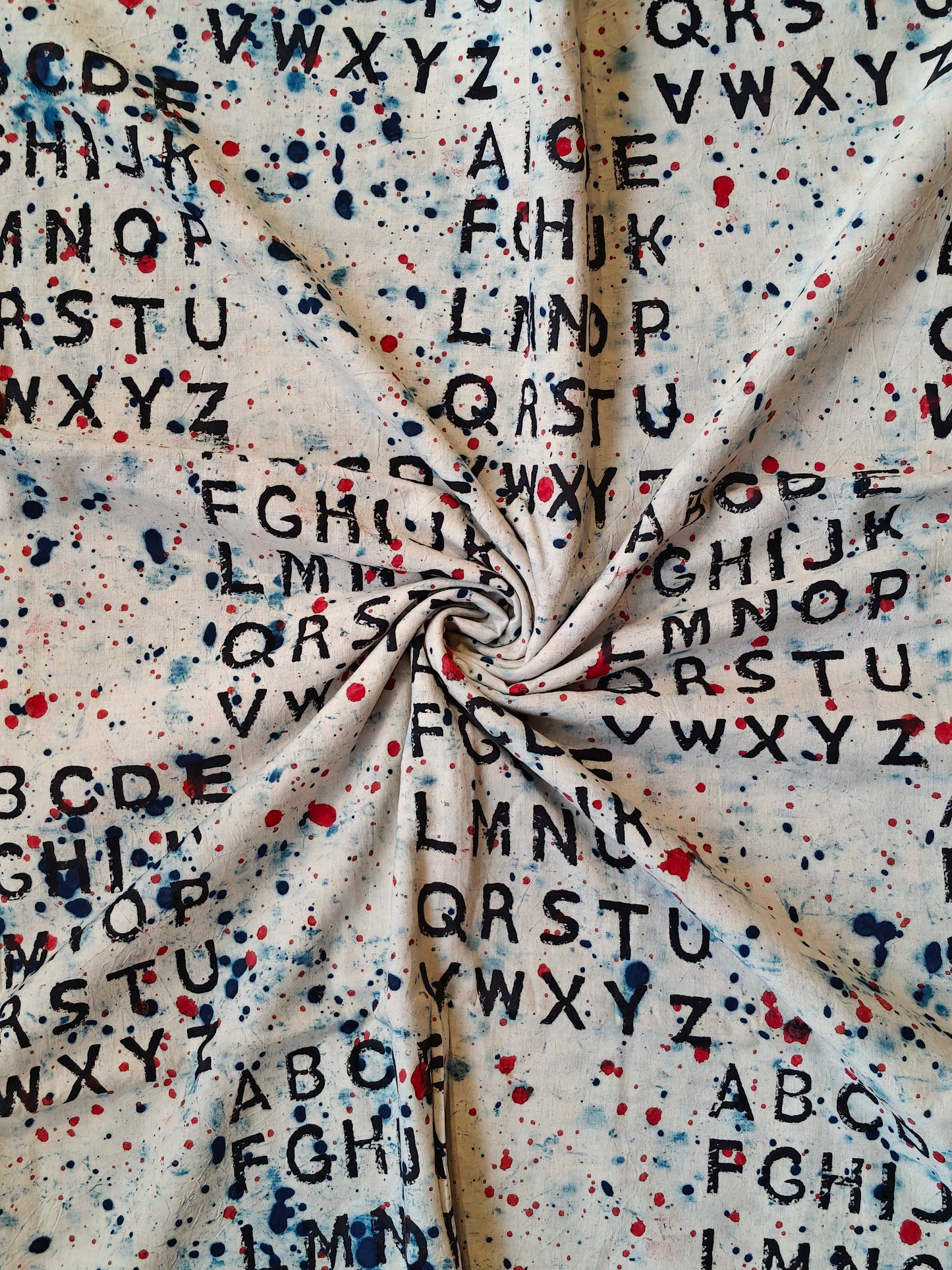 Handloom cotton fabric with English alphabets - hand block printed