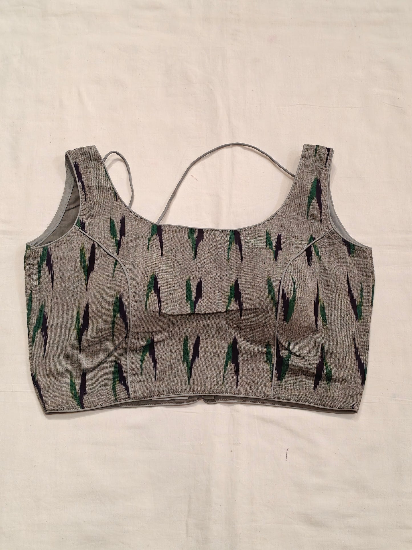 Grey ikat sleeveless cotton padded blouse with low back n dori