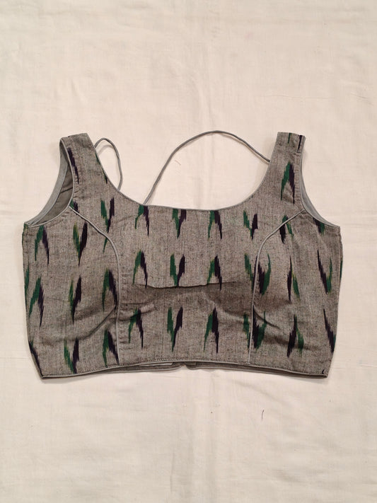 Grey ikat sleeveless cotton padded blouse with low back n dori