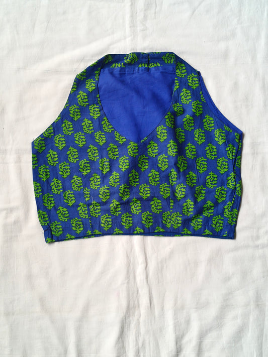 Halter neck handblock printed leaf pattern blouse with netted back - multiple colors available