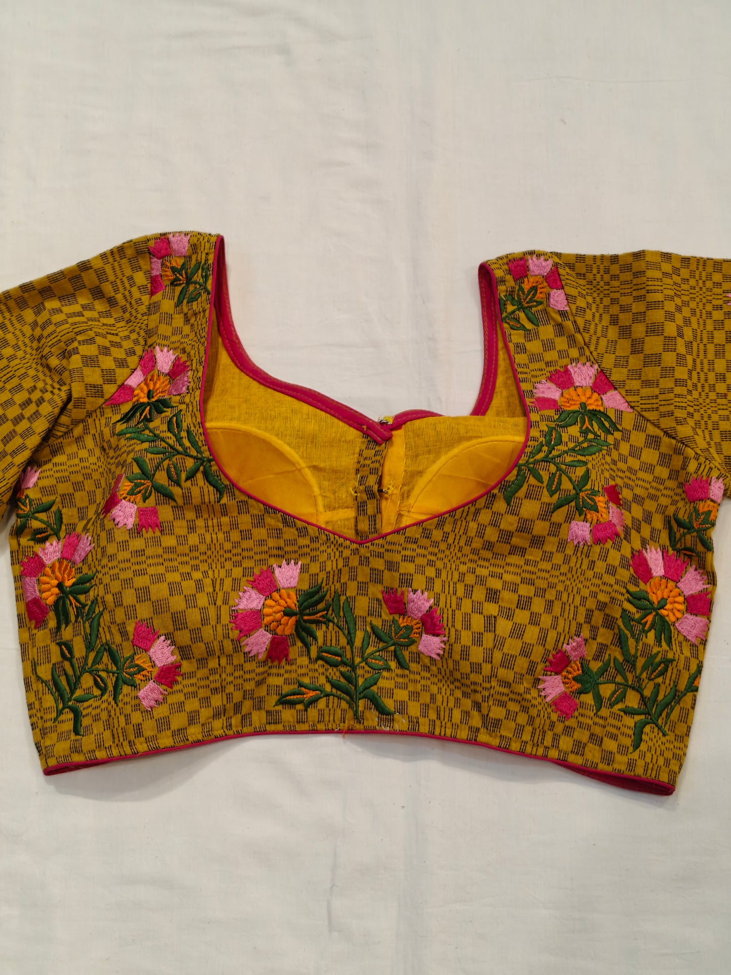 Cotton checkered blouse with floral embroidery, low back - color options available