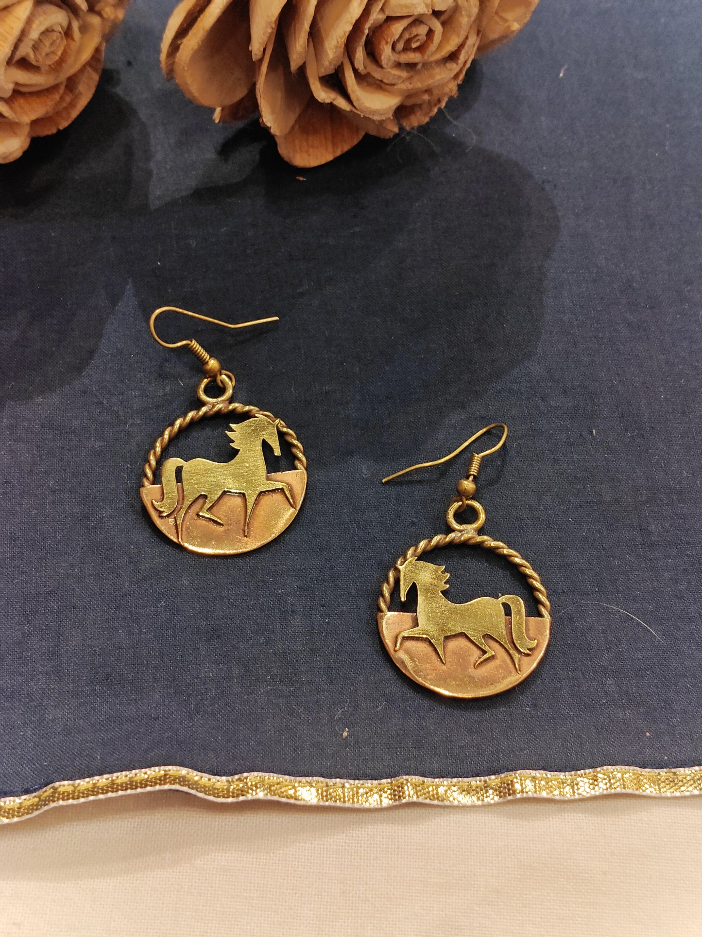 Prancing horse in a circle - handcrafted hooks earrings in copper and brass