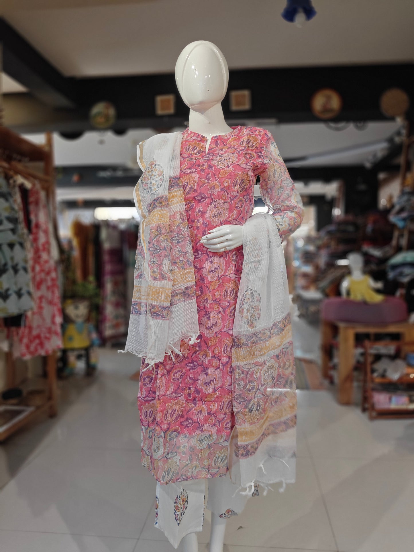 Pink floral hand block printed cotton 3 piece suit set with kota cotton dupatta