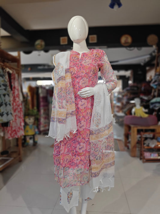 Pink floral hand block printed cotton 3 piece suit set with kota cotton dupatta