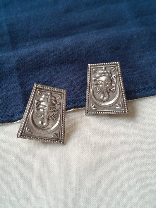 Ganesh in rectangle stud earrings in 92.5 sterling silver