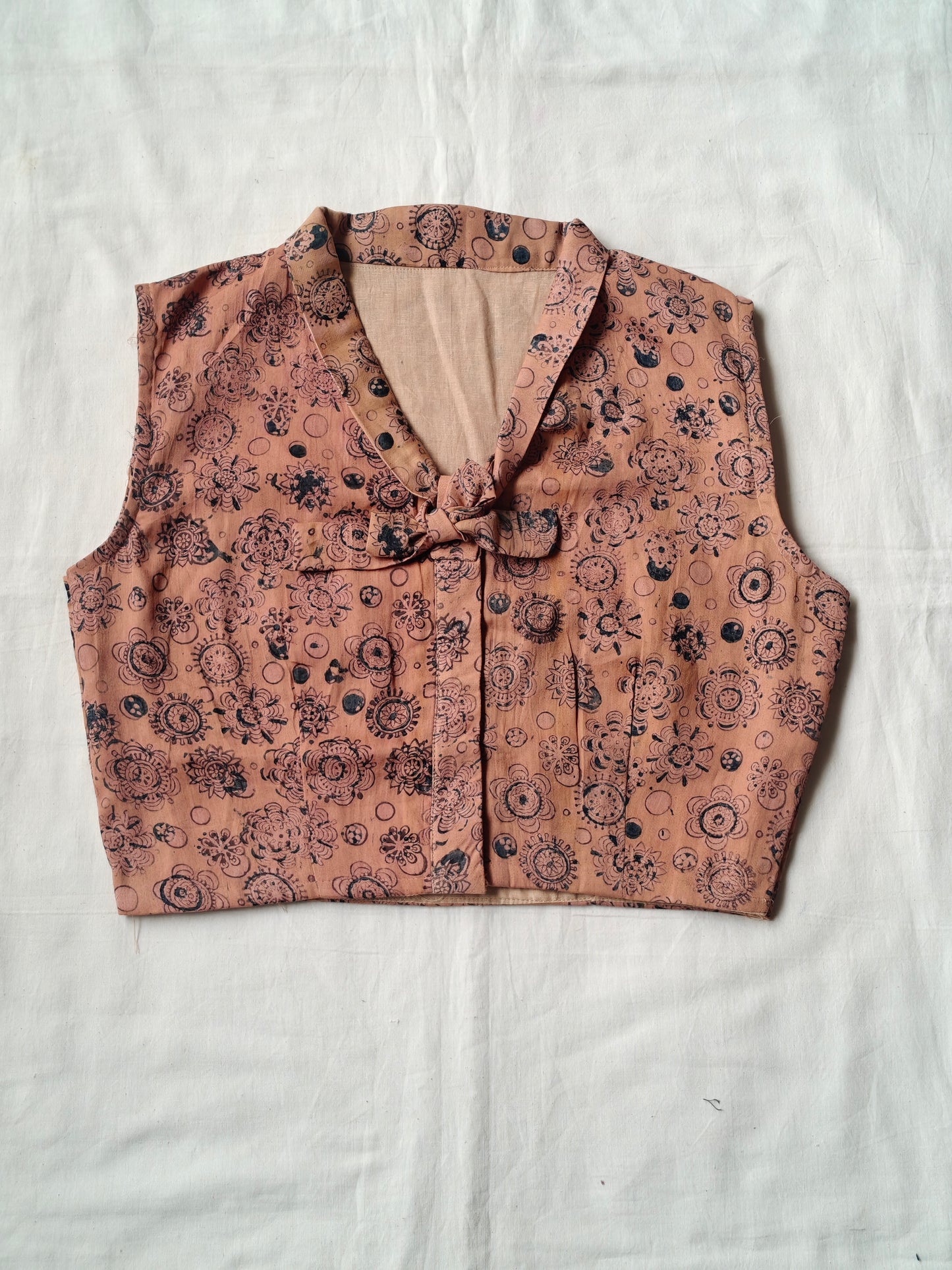 Beige flowers handblock printed sleeveless silk cotton blouse with cute collar and bow
