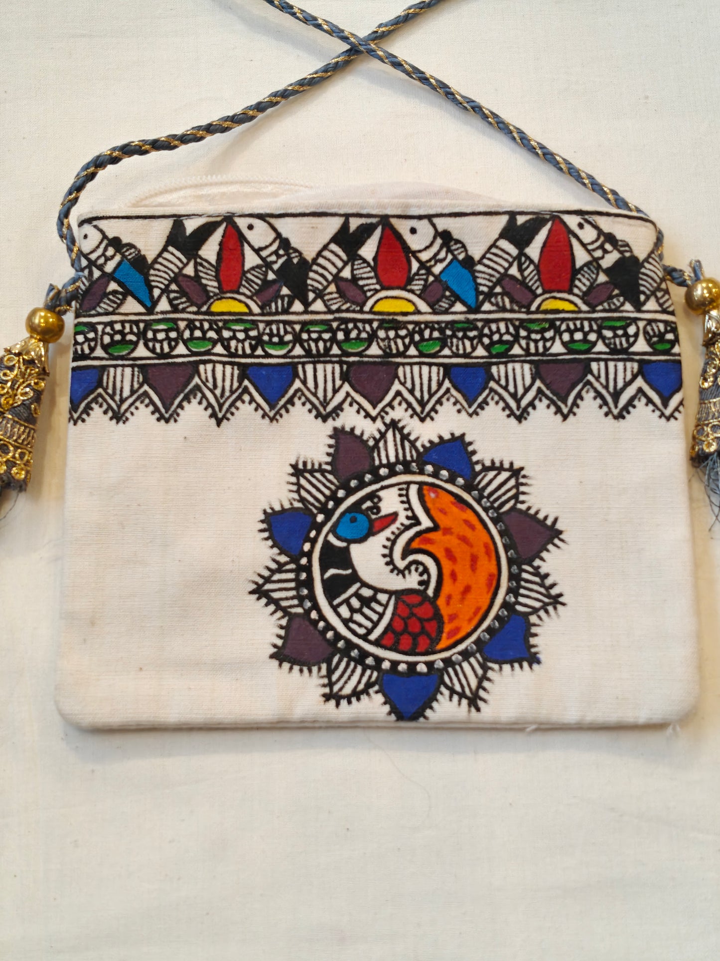 Handpainted on off white base fabric pouch with zipper closure, Tassles and sling - multiple designs available