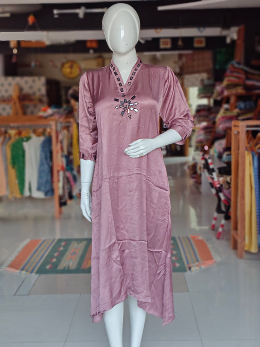 Dusty rose modal dress featuring V-neck and mirror embroidery