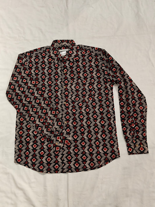 Black cotton shirt with cream and red striped geometric hand block printed pattern