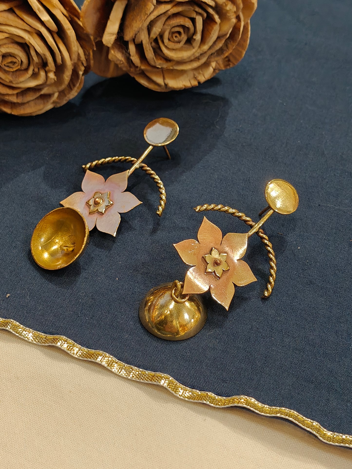 Flower bloom design drop jhumki earrings - handcrafted in copper and brass
