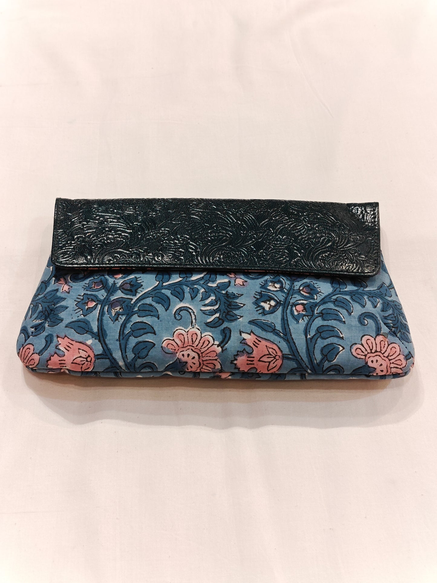 Leather hand embossed flap purse with hand block printed fabric base