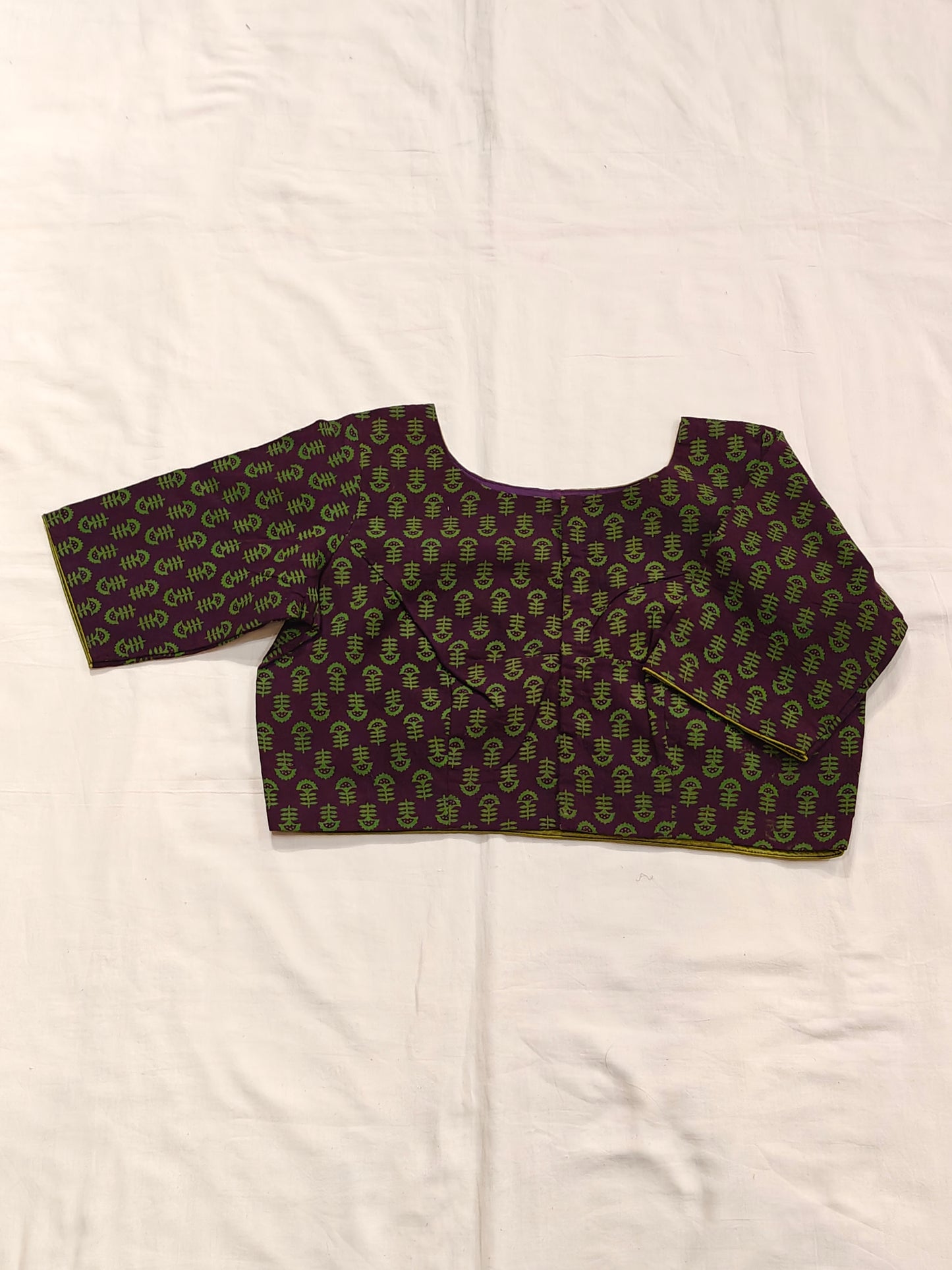 Purple cotton hand block printed blouse with green prints and Mashru embroidered back patch