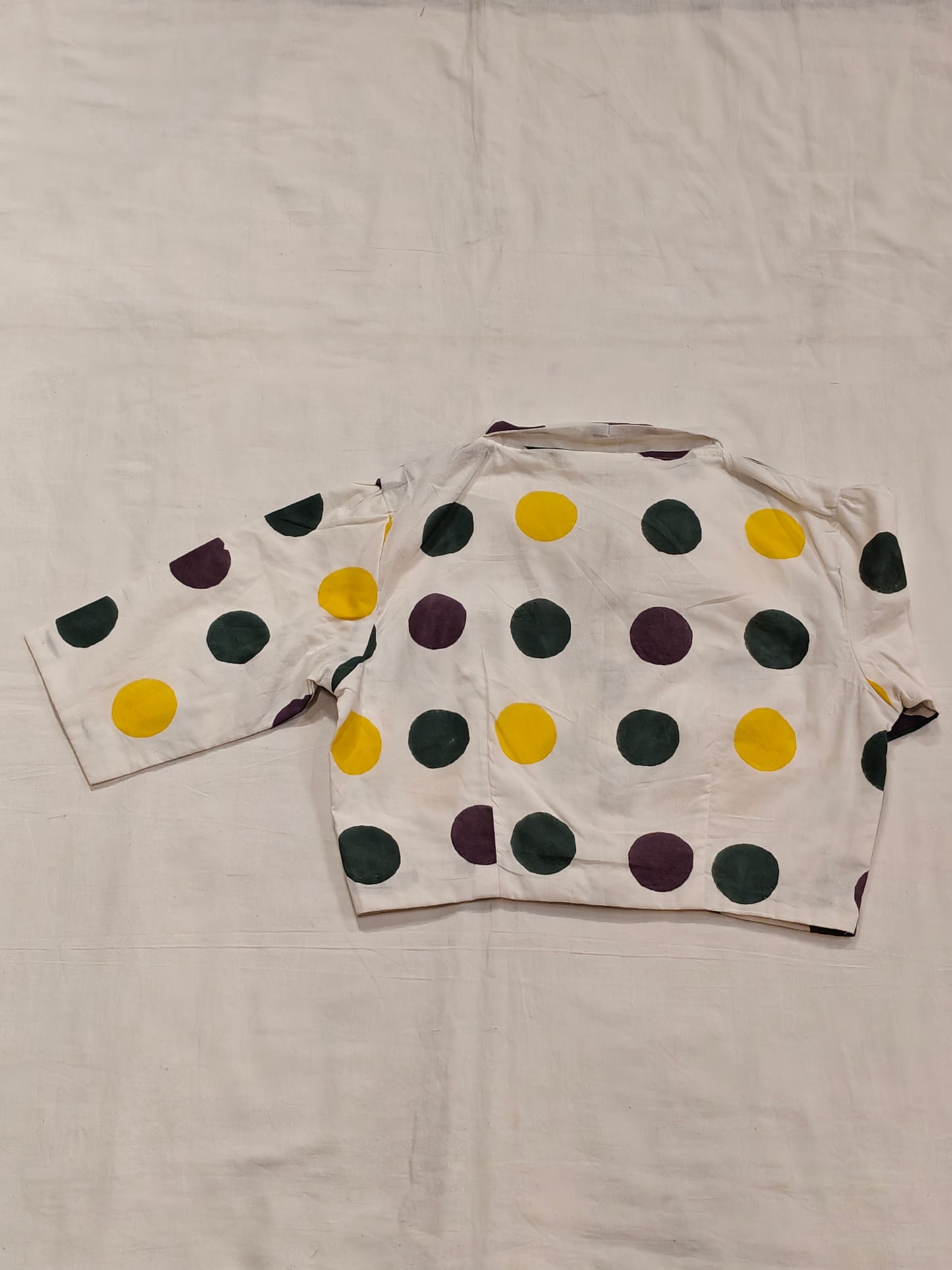 Violet, green n yellow dots on white base collared hand block printed cotton blouse