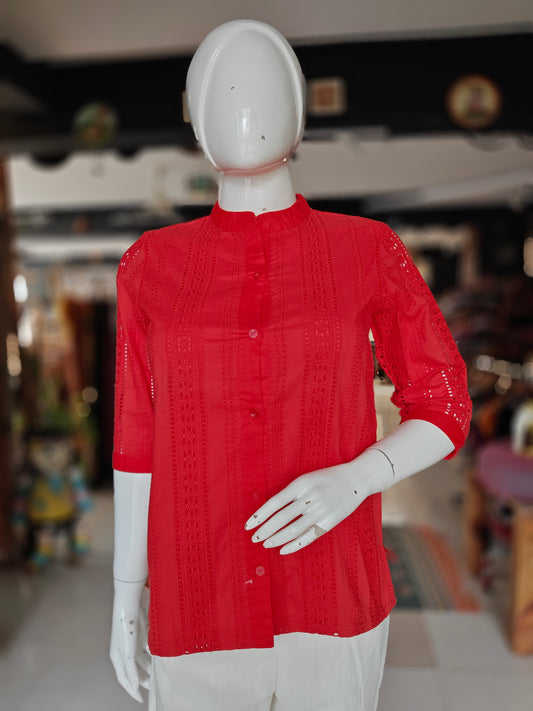Red cotton shirt top featuring schiffli embroidery