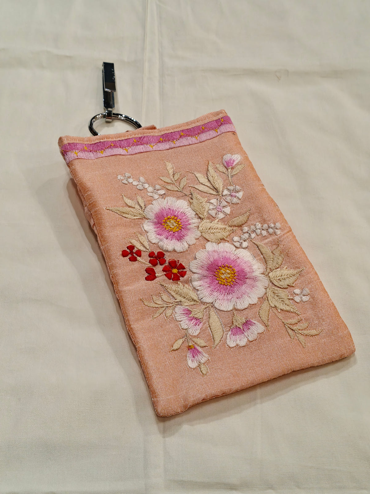 Silk embroidered phone pouches with waist clip on and a sling - multiple options available