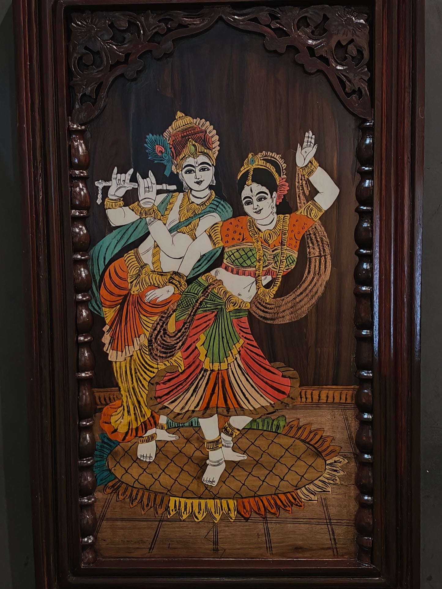 Dancing Krishna and Radha wood inlay work handcrafted wall frame