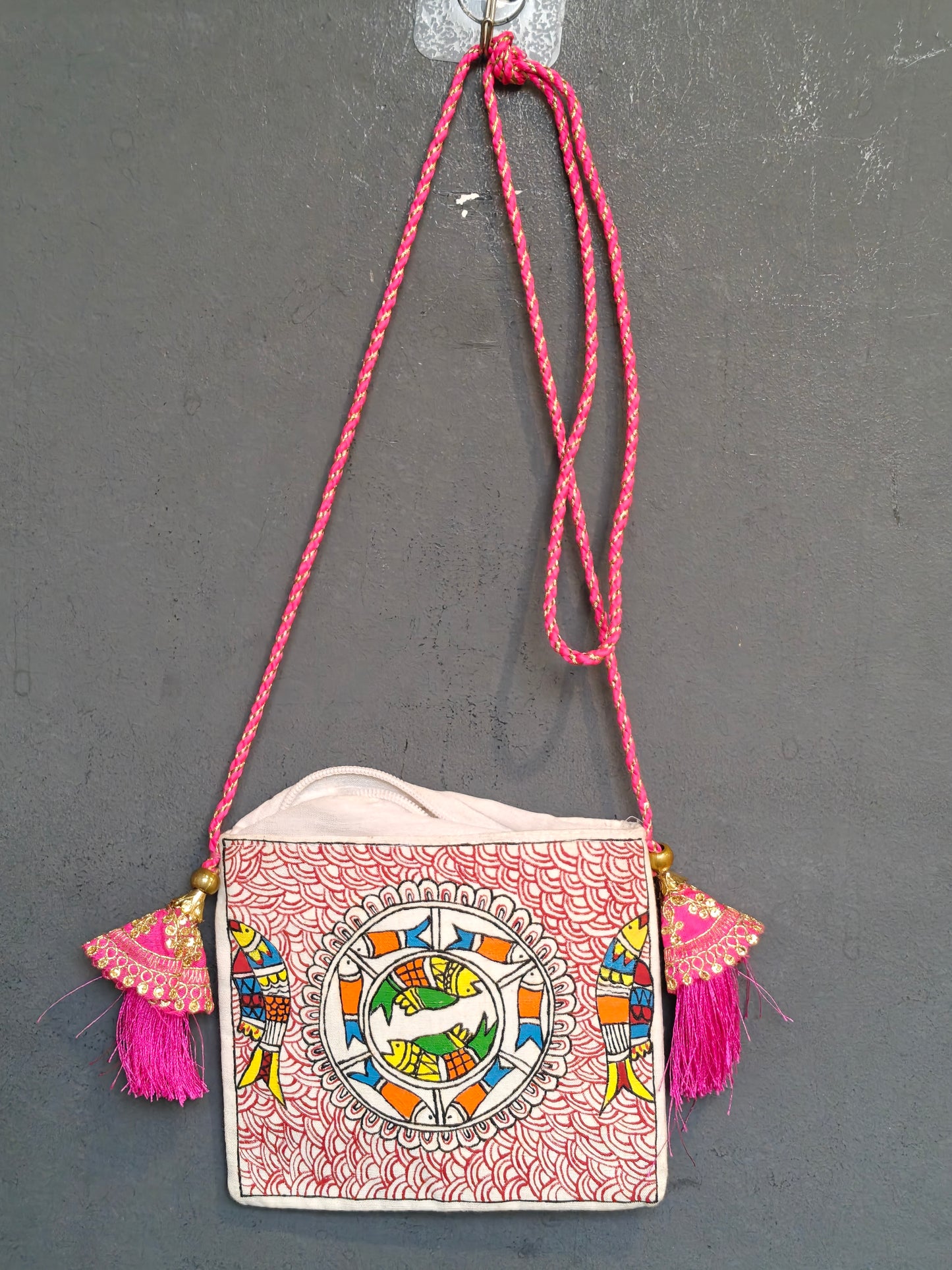 Handpainted on off white base fabric pouch with zipper closure, Tassles and sling - multiple designs available