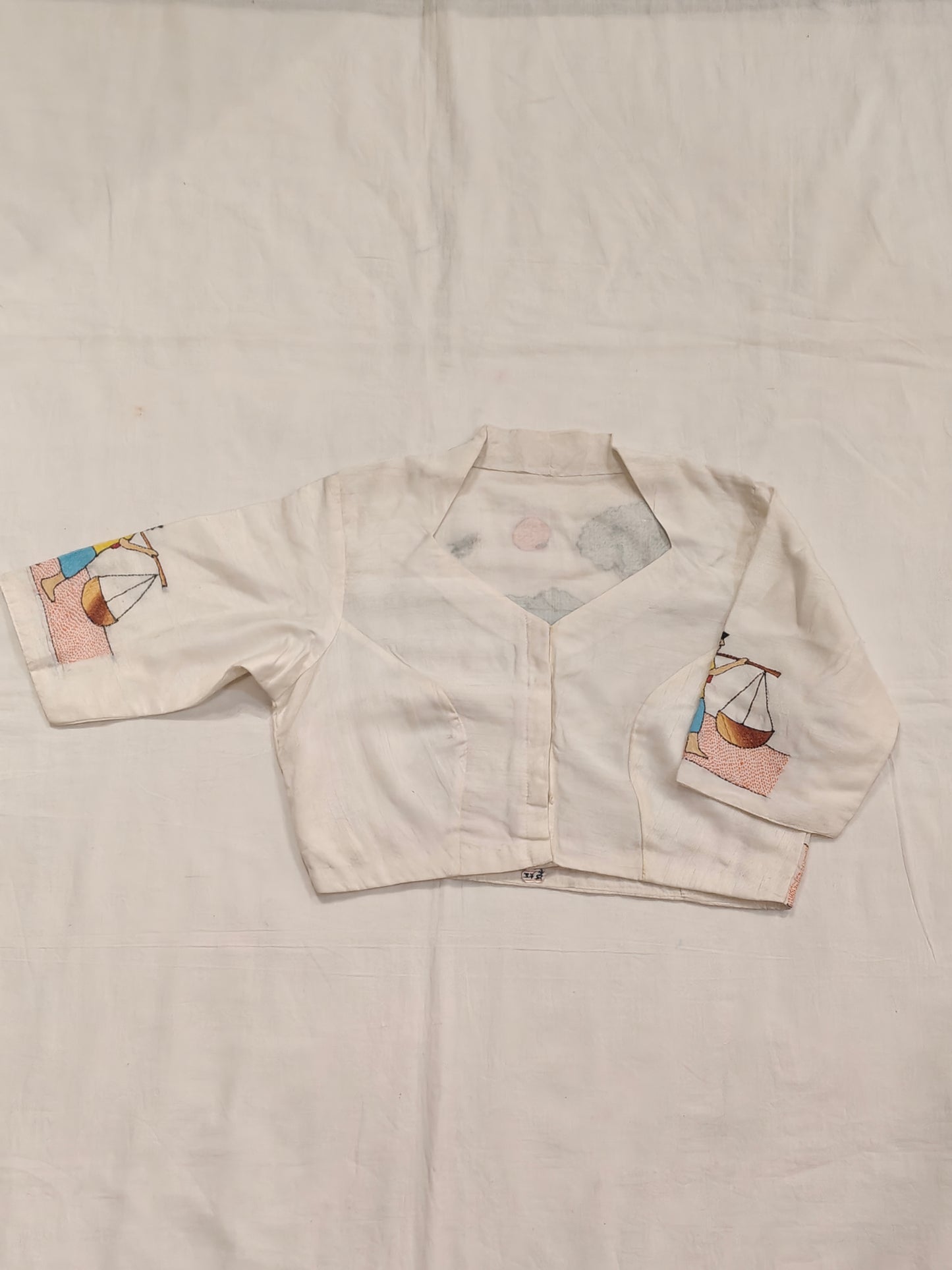 Village scene Kantha hand embroidery on off white silk - elbow sleeves blouse