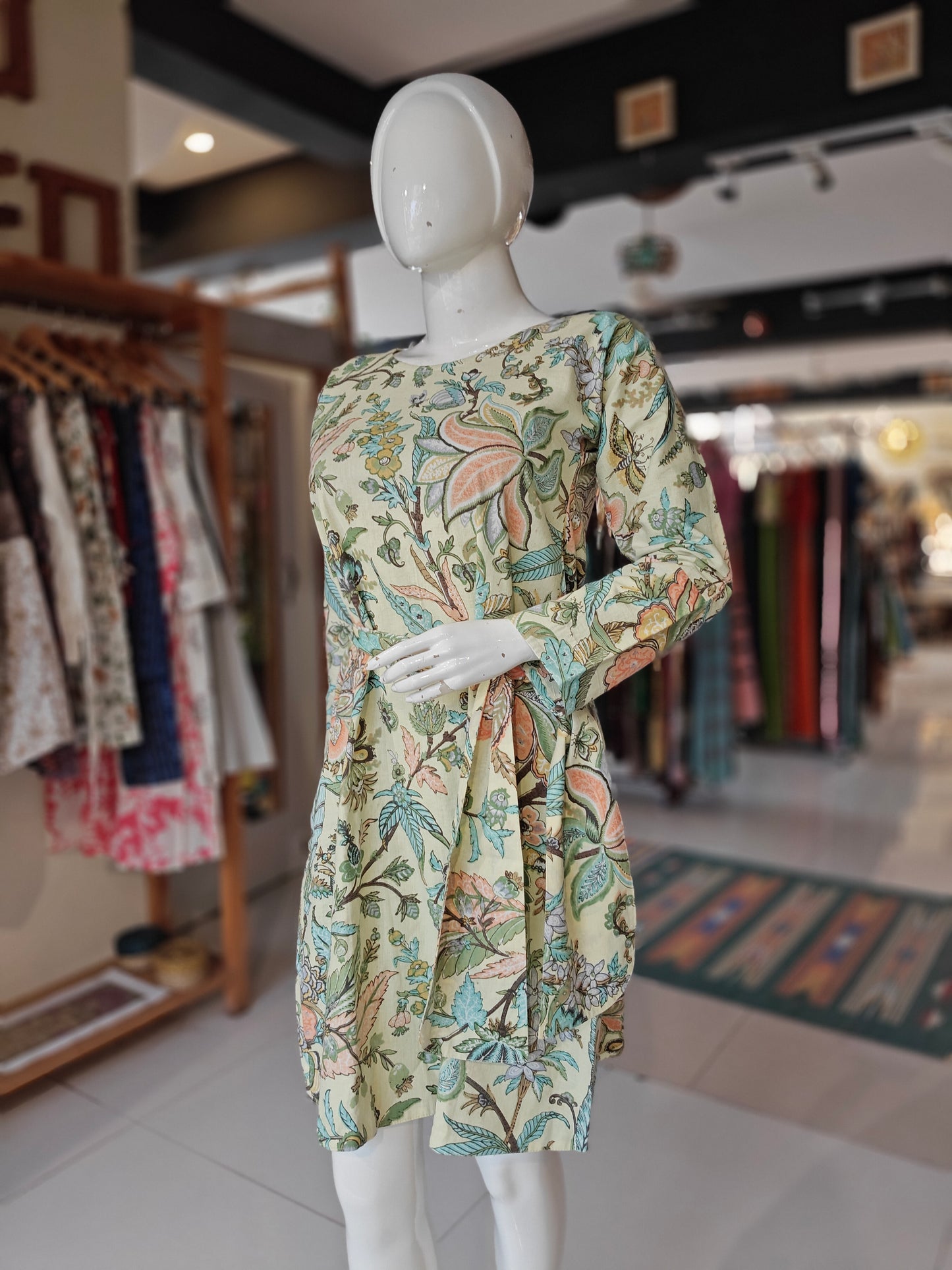 Light yellow floral printed dress with waist belt - long sleeves