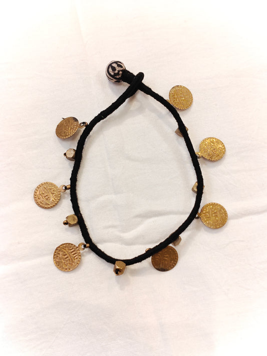 Brass single anklet with coins and beads in black thread