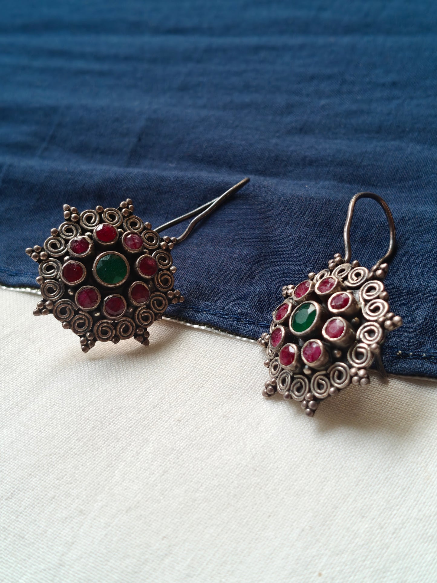 Red and green stones hook earrings in 92.5 sterling silver